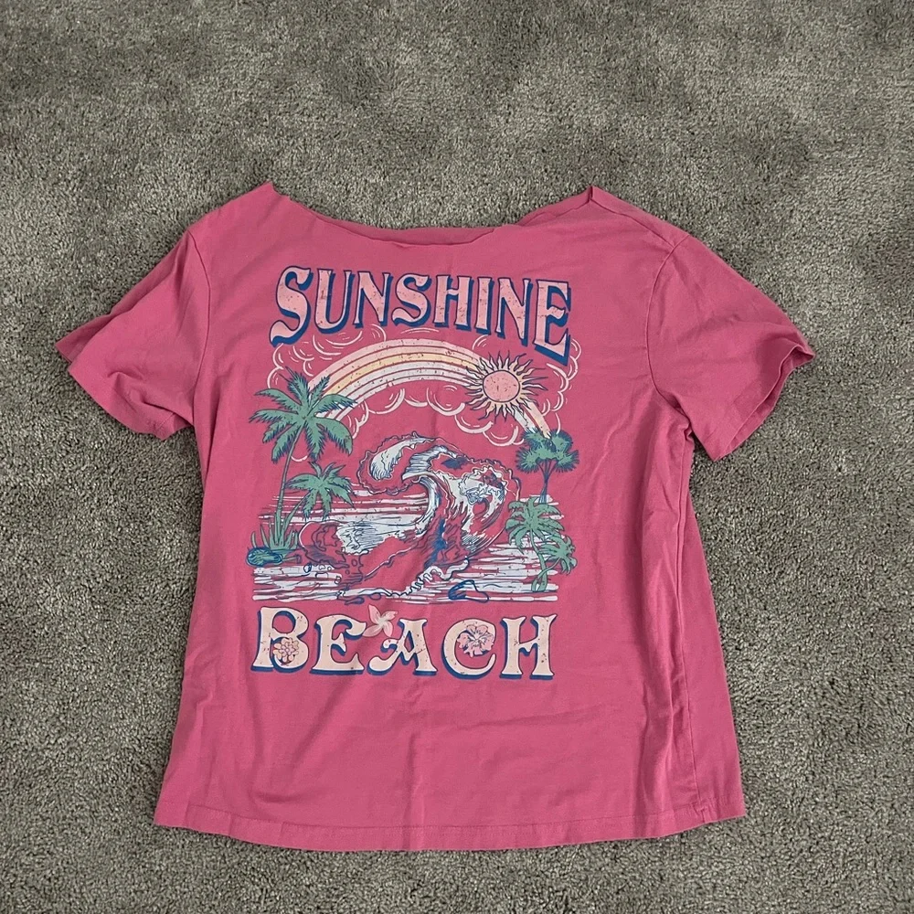 Pink graphic sunset beach oversized off the shoulder cut tee shirt - Picture 1 of 2